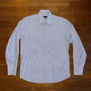 BOSS Regular Fit‎ Dress Shirt Men's Size 16 34/35 Striped Light Blue Beige